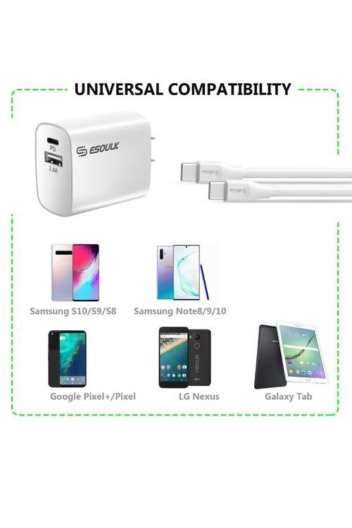 Esoulk Combo 18W Wall Charger PD & USB with 5FT C to C Cable-EC10P-CC